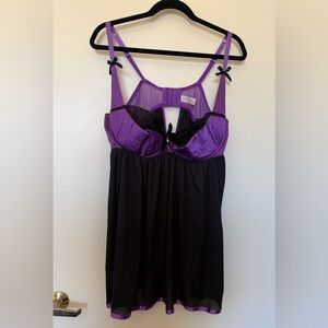 Cacique Black and Purple Mesh, Silk, & Lace Chemise in Size 22/24